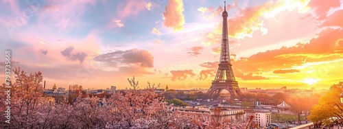 A stunning view of the Eiffel Tower at sunset, with blooming trees and bustling city life photo