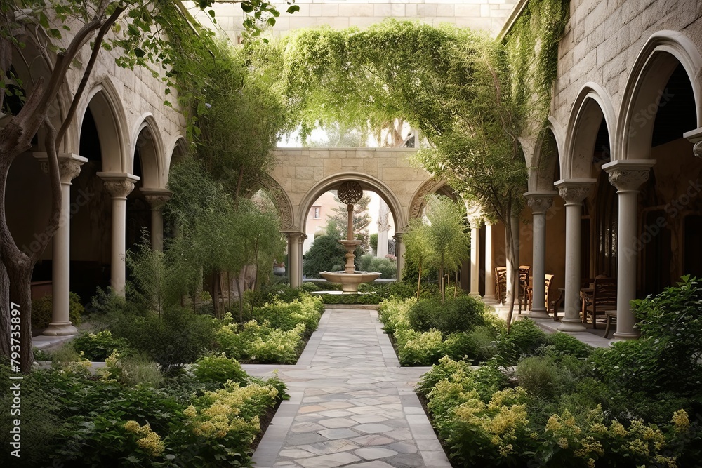 Tranquil Monastery Interior Designs and Cloistral Courtyard Landscaping Harmony