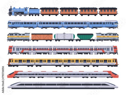 Different rail transport set. Passenger and goods trains with wagons, carriages side view. Modern and old railway vehicle. Railroad machinery. Flat isolated vector illustration on white background