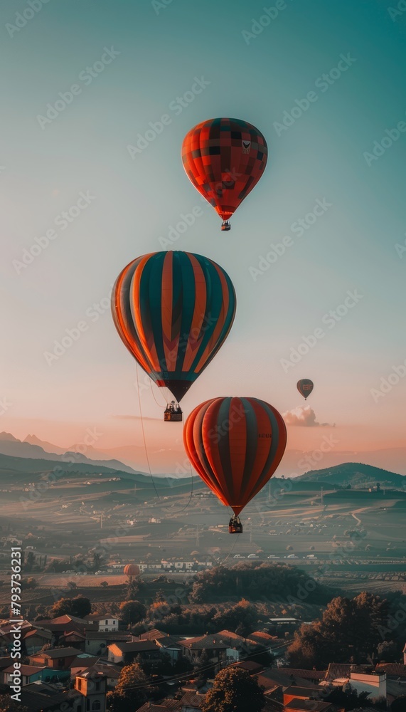 Naklejka premium Colorful hot air balloons drifting peacefully over picturesque mountain landscape