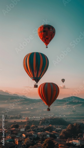 Colorful hot air balloons drifting peacefully over picturesque mountain landscape © Ilja