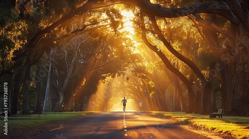 Morning jogger paces through a tree-lined street  embracing the day s first light for fitness.
