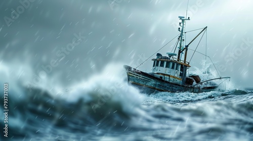 A boat is being tossed in a stormy sea. The boat is listing to one side and there are large waves crashing over it © Awais