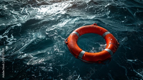 Sunlight glistens on choppy waters around a lone lifebuoy, offering salvation from the depths.