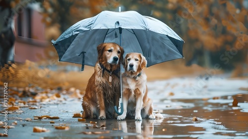 Two golden dogs seeking shelter under a cartoon umbrella in the rain depicted in hand drawn vector art AI Generated photo