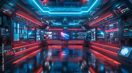 futuristic news studio glows with neon blue and red  screens alight with breaking stories