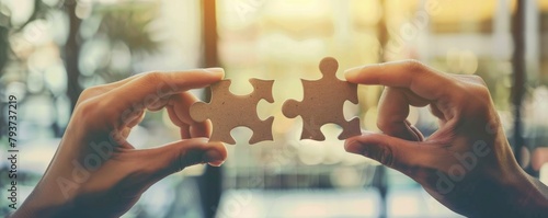 Closeup of two hands holding puzzle pieces connecting together on blurred background photo