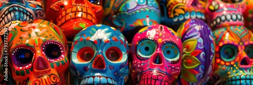  skulls painted in vibrant colors and patterns, were on display on shelf. Day of the Dead