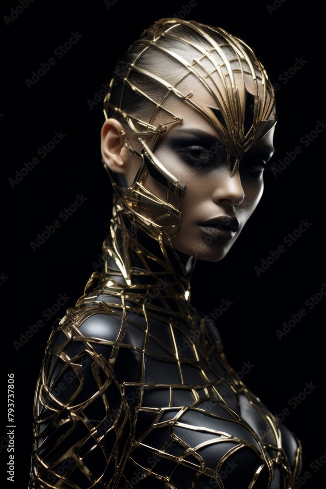 A woman dressed in a striking black and gold costume, showcasing avant garde fashion with structured design elements A woman dressed in a striking black and gold costume, showcasing avant garde fashion with structured design elements