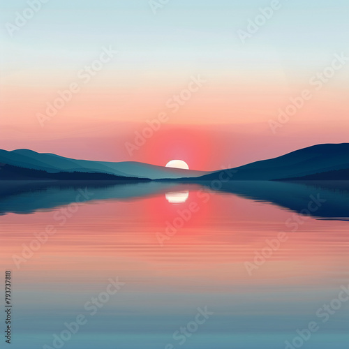 3D vector of a sunset over a calm lake, serene and warm, perfect summer evening