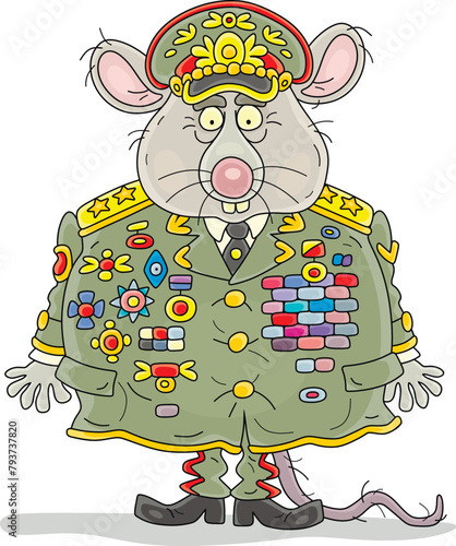 Old fat rat general in green army uniform hung with orders and medals for great victories over evil and insidious enemies, vector cartoon illustration on a white background