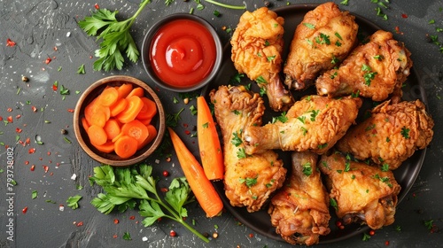 Comfort food incarnate with fried chicken and carrots laid out, ketchup at the ready.
