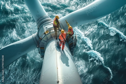 Technicians, wearing safety gear, are working on a wind turbine by using a variety of tools to maintain and clean the gigantic wind turbine located in a ocean photo