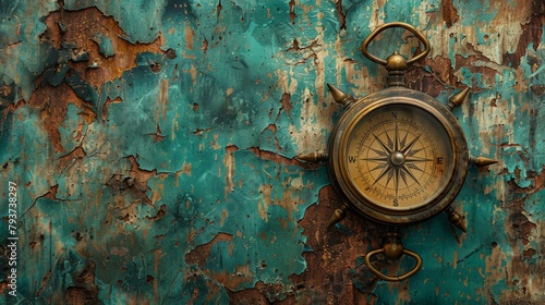 Vintage brass compass on a distressed turquoise painted surface
