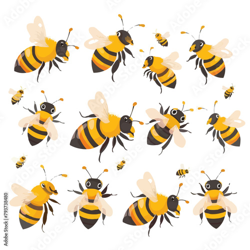 Honey bee set. Cartoon flying insects  winged honeybee  cute striped bumblebee insects flat vector illustration collection. Bee insects