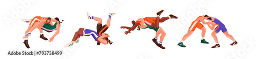 Freestyle wrestling competition set. Greco roman wrestlers. Fighters raise, throw in battle. Martial art sportsmen, combat sport athletes. Flat isolated vector illustrations on white background