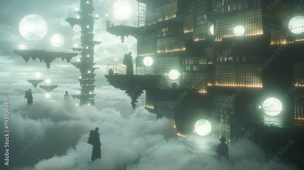 Celestial Scholars floating library in the clouds