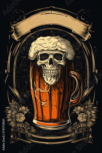 Beer pint with human skull on it. Sketch drawing design for T shirt or logo. Ai Generative