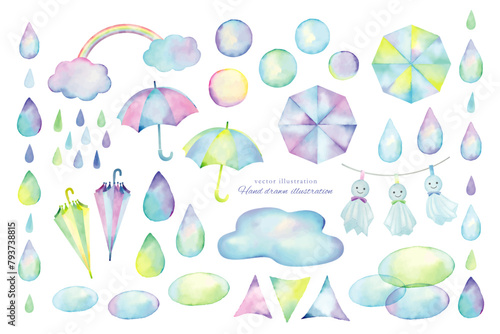 水彩で描いた傘と雨粒の素材セット