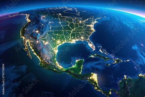 space view of earth with glowing night lights, highlighting Mexico and Canada and stars on background #793738894