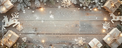 christmas decoration with snowflakes, reindeer, glowing lights, and wrapped gifts on wooden copyspace background. merry christmas photo
