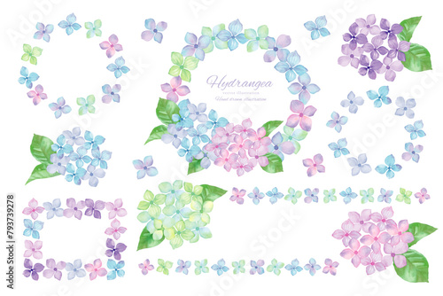 水彩で描いた紫陽花のフレーム素材セット