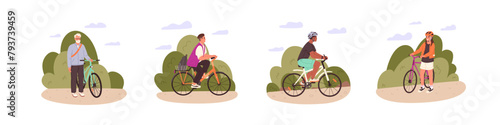 Different people cycling set. Happy cyclists ride bicycle outdoor. Diverse bicyclists drive bike. Various characters with active lifestyle. Flat isolated vector illustration on white background