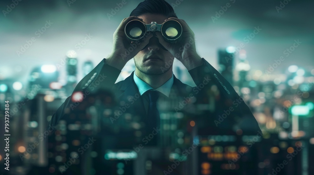 Naklejka premium Businessman Searching Opportunities with Binoculars Overlooking Cityscape. Generative ai