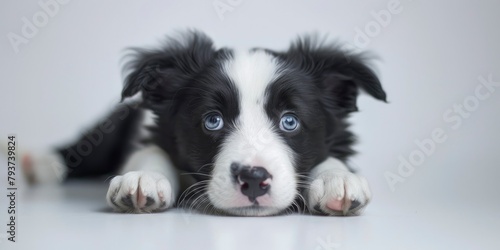 A adorable puppy lying down on a white floor, its blue eyes captured in full view. © Image