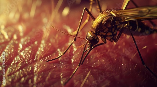 A closeup of malaria and dengue mosquito on skin with red color. A very realistic photo in the style of real life photography 
