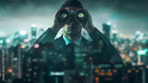 Businessman Searching Opportunities with Binoculars Overlooking Cityscape. Generative ai photo