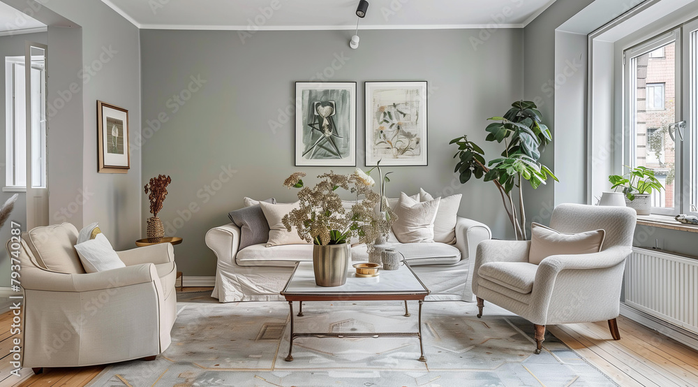 A Scandinavian style living room with light white walls A Scandinavian style living room with light white walls