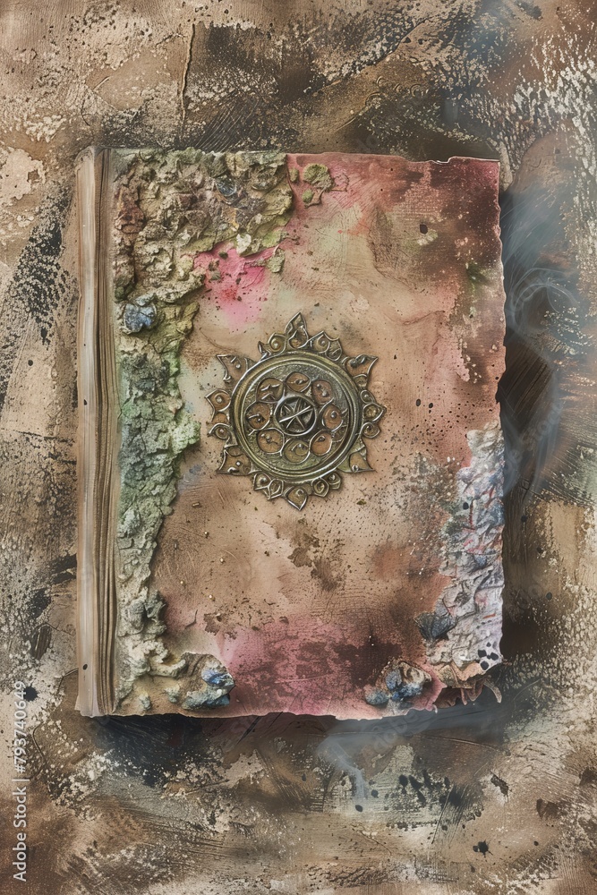 A photograph of a weathered grimoire with a mystical symbol on its ...