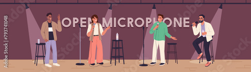 Comedians on open mic horizontal banner. Comics jokes with microphone on stand up, comedy performance. Spotlighted performers, artists show with humor monologue on stage. Flat vector illustration