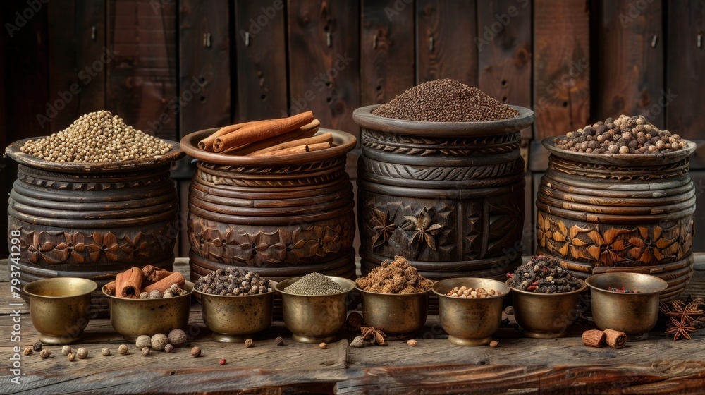 Rustic spice assortment on weathered wooden table, featuring cinnamon, star anise, and assorted whole spices