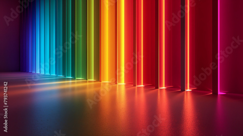 Creative Abstract 3D background. Rainbow Colors. Minimal Design, Harmony. Wall, Room, Building, Indoor Space. Lights, Stripes, Shapes. Art, Fun, Party. Equality, Diversity, Human Rights, Pride Flag.