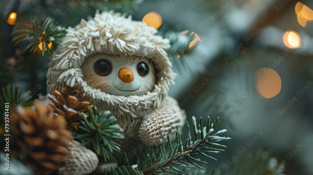 Whimsical Wooden Yeti Figurine Nestled in Festive Christmas Tree with Twinkling Lights