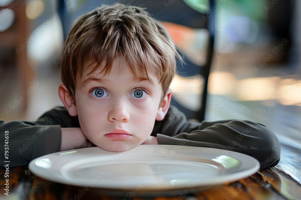 Young boy kid in front of an empty plate , starvation and undernutrition concept image for topic related to child nutritional deficiencies - obrazy, fototapety, plakaty 