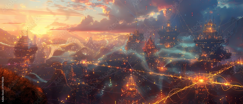 Harmony Link intricate neural network weaving through a vibrant metropolis