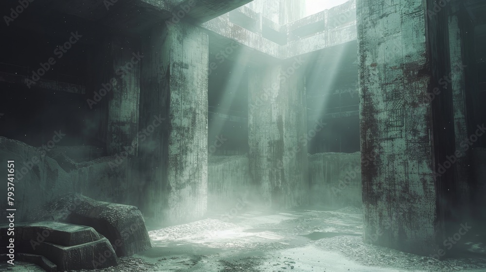 Eerie sunbeams illuminate an abandoned AI processing facility enveloped in dust - obrazy, fototapety, plakaty 