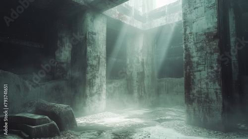 Eerie sunbeams illuminate an abandoned AI processing facility enveloped in dust photo