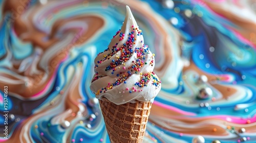 This image shows an ice cream cone with white and purple frosting and rainbow sprinkles sitting on a table. The background is a blue and purple liquid with white foam.
