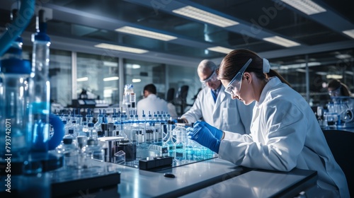 Scientists conducting experiments in a vibrant laboratory setting