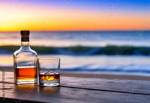 Bottle-and-glass-of-Whisky-on-a-table-with-beach- view