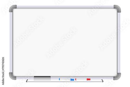 Realistic whiteboard. Empty whiteboard with marker pens