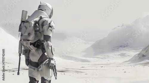 Futuristic robotic nomad with advanced cybernetic enhancements in a desert