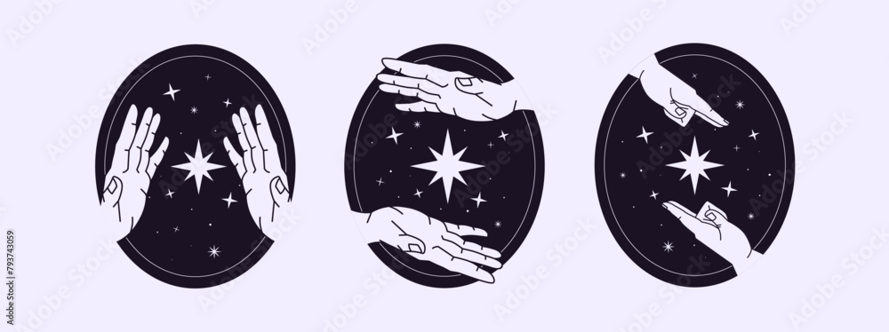 Oval shape icons with hands and stars set. Spiritual, esoteric gestures with space. Magic meditation emblems, occult decor in minimal style. Astrology symbols. Flat isolated vector illustrations