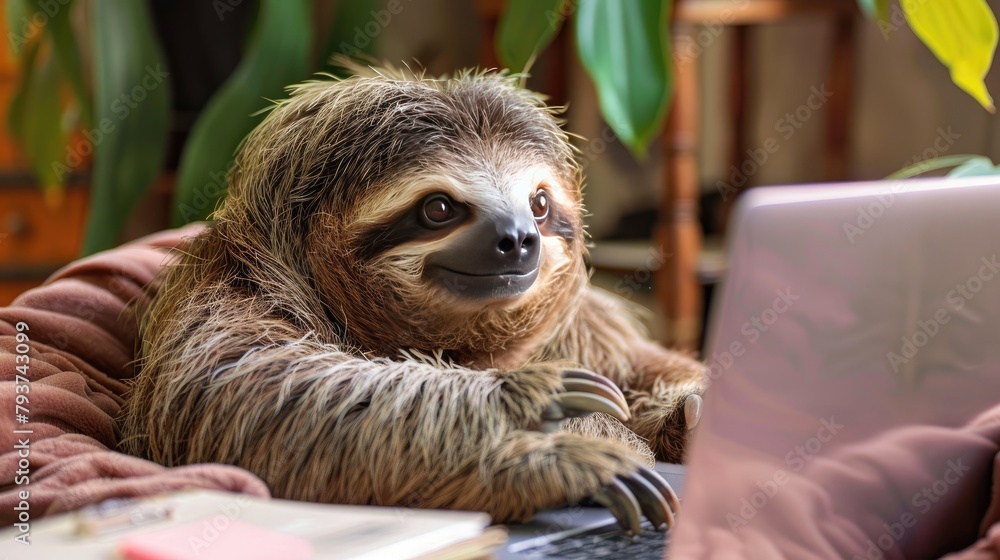 Fototapeta premium a sloth behind a laptop