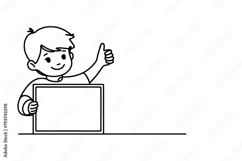 One continuous black line drawing of clipart smiling kid holding empty blank board isolated on white with copy space for text in frame linear sketch doodle vector