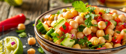 Bowl with fresh and tasty chickpea and broad bean fusion salad for light meal